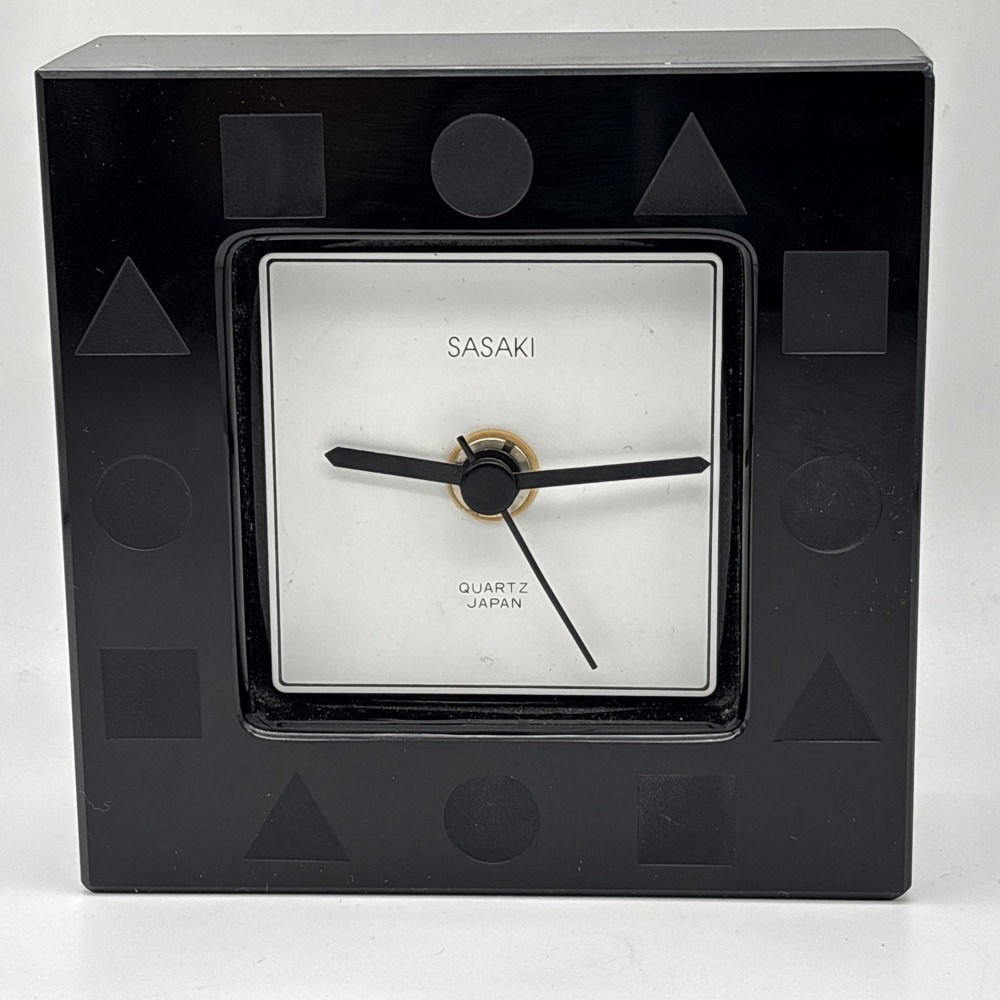 Vintage Sasaki Black Glass Crystal Geometric Clock